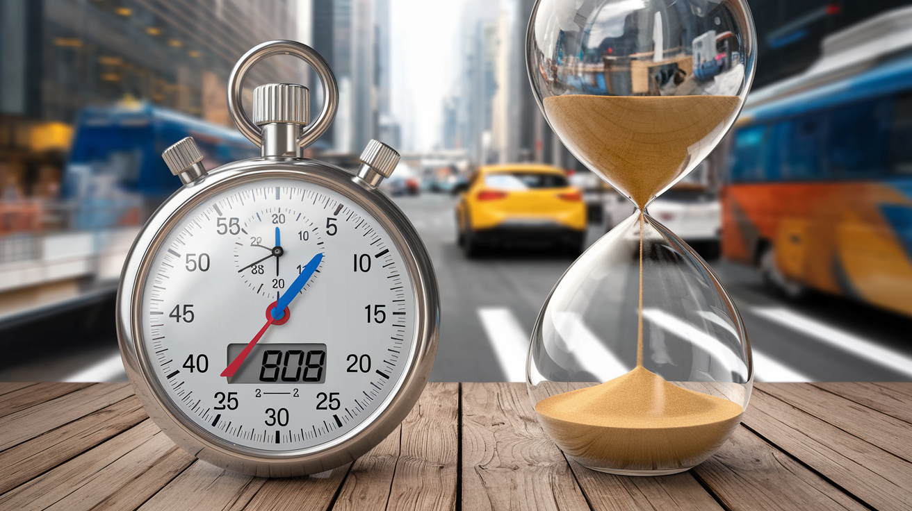 Chronomètre et sablier digitalisé symbolisant rapidité et efficacité en une heure.