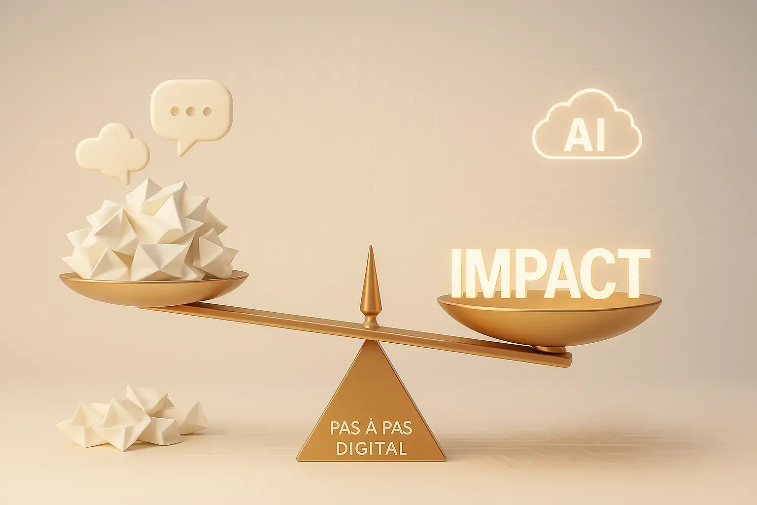 Image symbolique représentant l’équilibre entre complexité mentale et efficacité stratégique. L’intelligence artificielle devient ici un levier d’optimisation pour passer du blabla à l’impact, au cœur de la méthode PAS À PAS DIGITAL. Balance entre surcharge mentale et impact stratégique grâce à l’intelligence artificielle