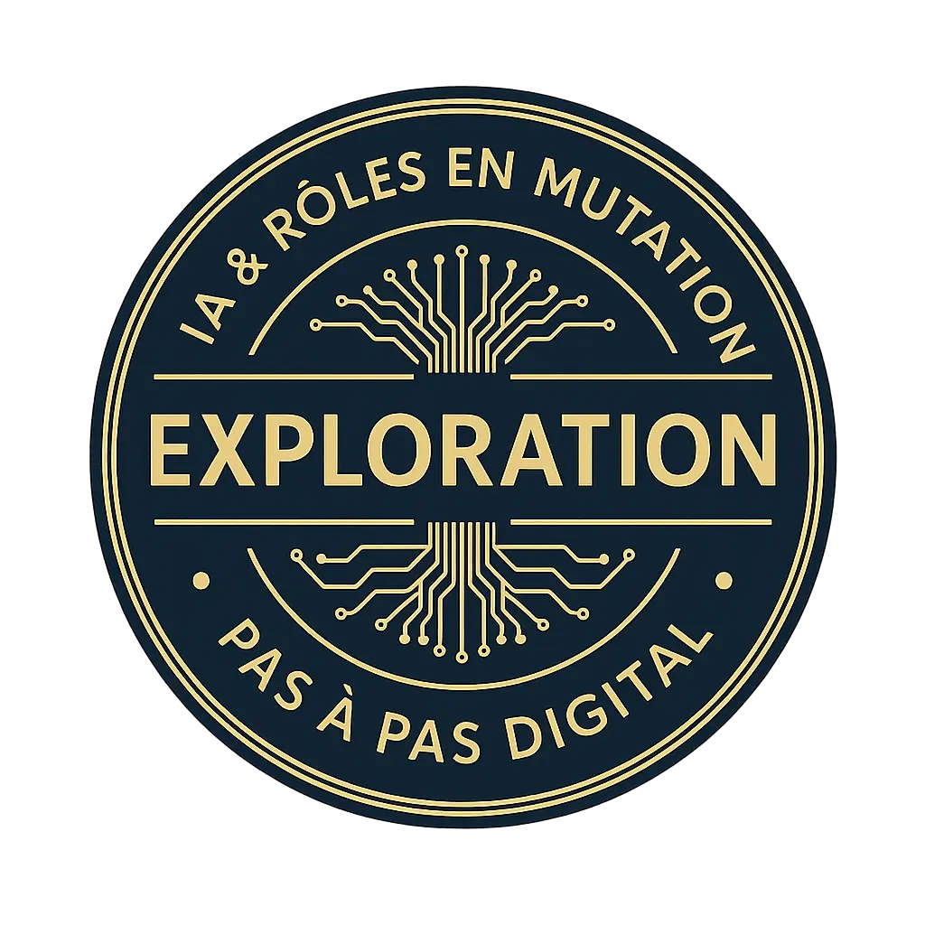 Logo circulaire doré et bleu foncé avec l’inscription « IA & RÔLES EN MUTATION – EXPLORATION – PAS À PAS DIGITAL », sans arrière-plan.