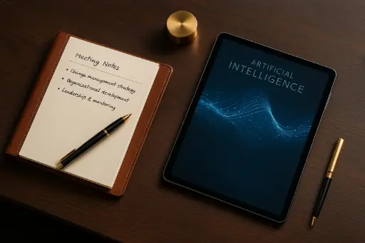 Expertise IA – carnet de notes, stylo et tablette affichant “Artificial Intelligence”