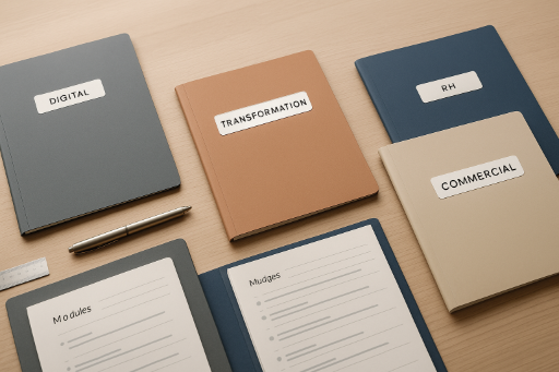 Organisation par pôles métiers – dossiers thématiques posés sur une table