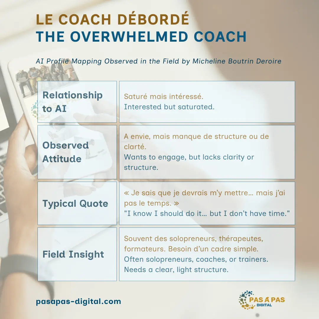 Portrait du profil IA Le Coach Débordé – professionnel saturé d’informations, intéressé par l’IA mais en manque de cadre pour l’intégrer sereinement.