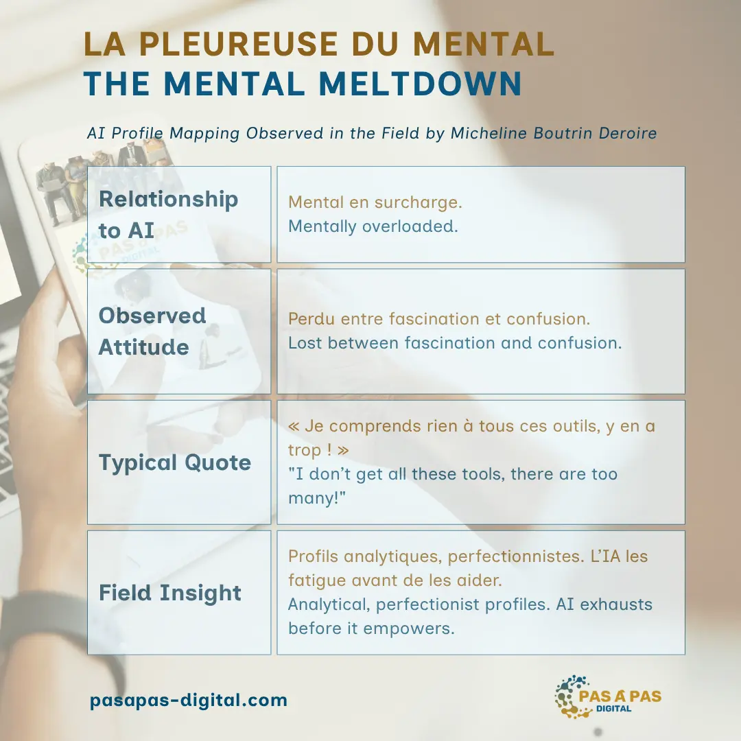 Portrait du profil IA La Pleureuse du Mental – professionnelle brillante mais saturée, piégée par un trop-plein d’informations sur l’IA.