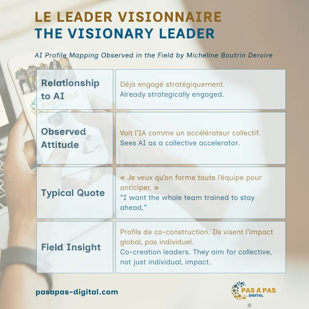 Portrait du profil IA Le Leader Visionnaire – professionnel ou dirigeant engagé dans l’anticipation collective et la montée en compétence des équipes.