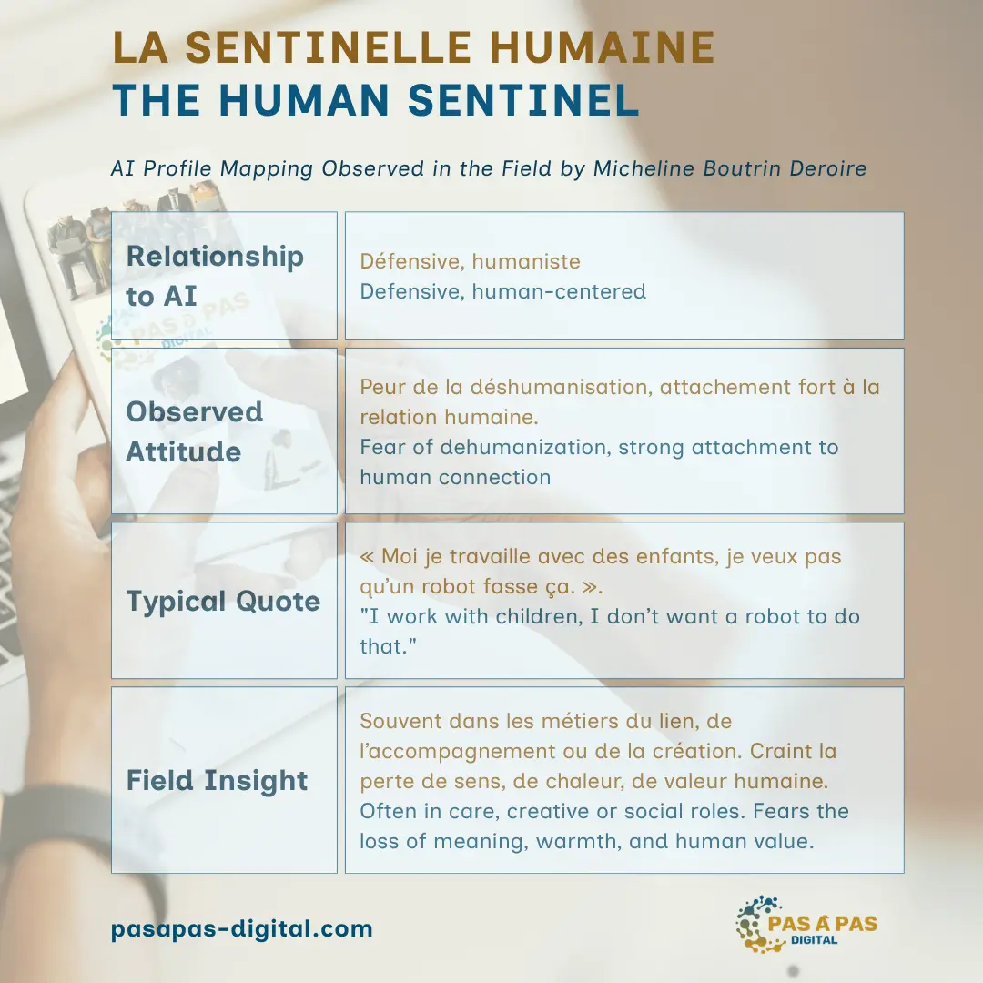 Bilingual AI profile card – observed in the field by Micheline Boutrin Deroire. French and English descriptions of the relationship to AI, attitude, typical quote, and real-life insight.