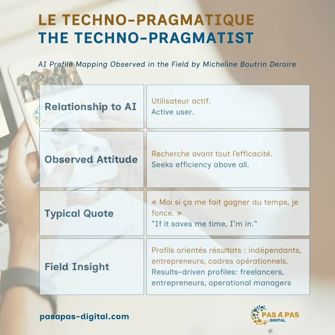 Portrait du profil IA Le Techno-Pragmatique – professionnel centré sur l’efficacité, qui adopte l’IA dès qu’elle permet un gain de temps.
